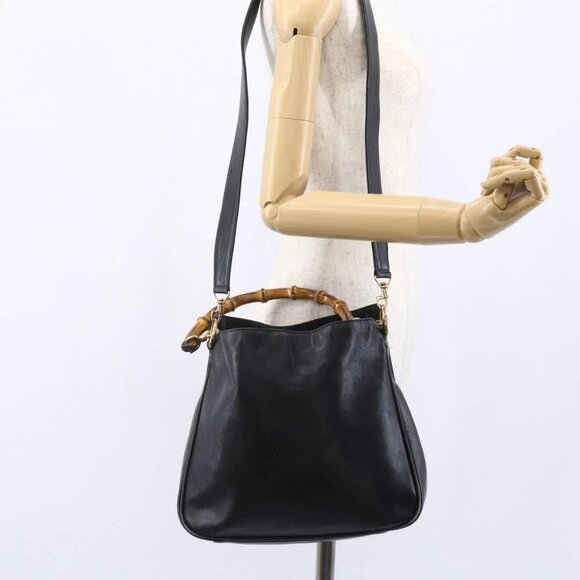GUCCI Bamboo Shoulder Bag Leather 2way Black Gold - Picture 15 of 16